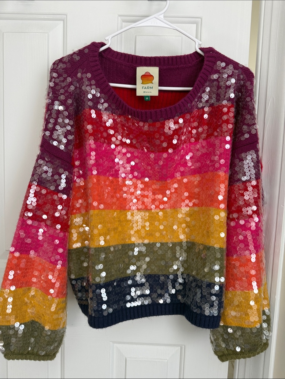 FARM Rio Multicolor Sequin Stripe Sweater - Magenta & Rainbow